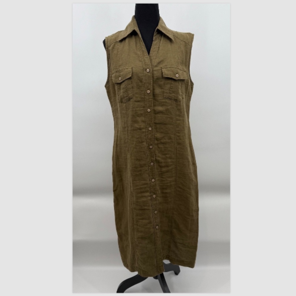 Yuvita Dress Women Medium Green Linen Sleeveless Button Up Collared Midi Lagen